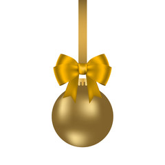 Golden Christmas ball on a ribbon with a beautiful bow isolated on white