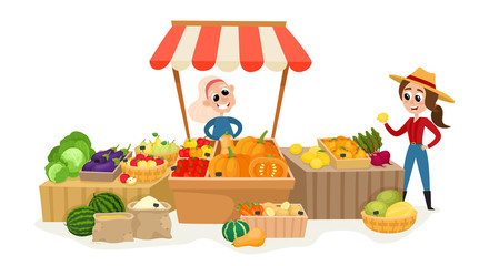 Local market farmers selling vegetables and fruits isolated on white.