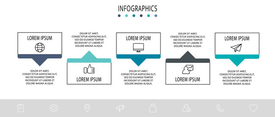 Vector infograph flat template. Shape with arrow for five diagrams, graph, flowchart, timeline, marketing, presentation. Business concept with 5 labels
