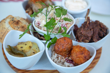 Selection of fine spanish tapas delicious fine food spain tapa bread meat garbanzos rice meat balls chicken potao