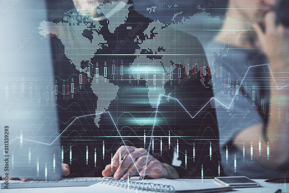 Aufkleber forex graph with businessman typing on computer in office on background. concept of analysis. double