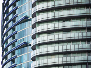 Exterior of high rise residential apartment buildings with glass windows and balconies. Melbourne,...