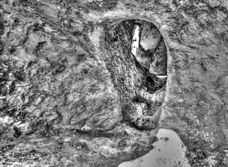 Beautiful view inside the cave in black and white