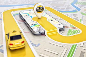 Online mobile application taxi ordering service concept, yellow taxi car driving along the route to the marker on a smartphone, on a city map - obrazy, fototapety, plakaty