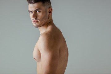 sexy muscular bodybuilder with bare torso looking at camera isolated on grey