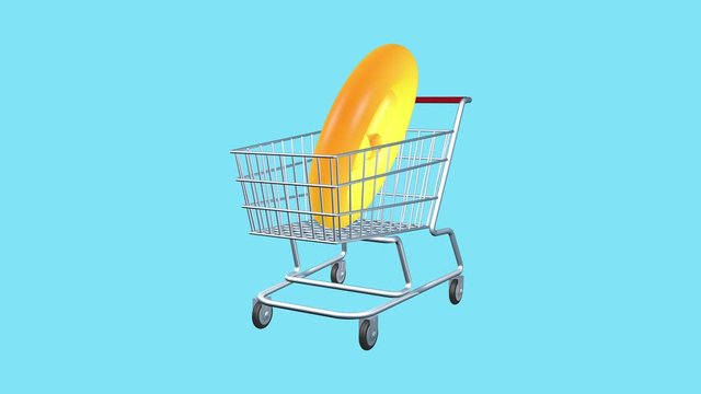 Virtual watch and grocery cart as a symbol of trade. Animation of selling and buying time. Isolated screen. Animation 3d icons. Business and commerce industry.