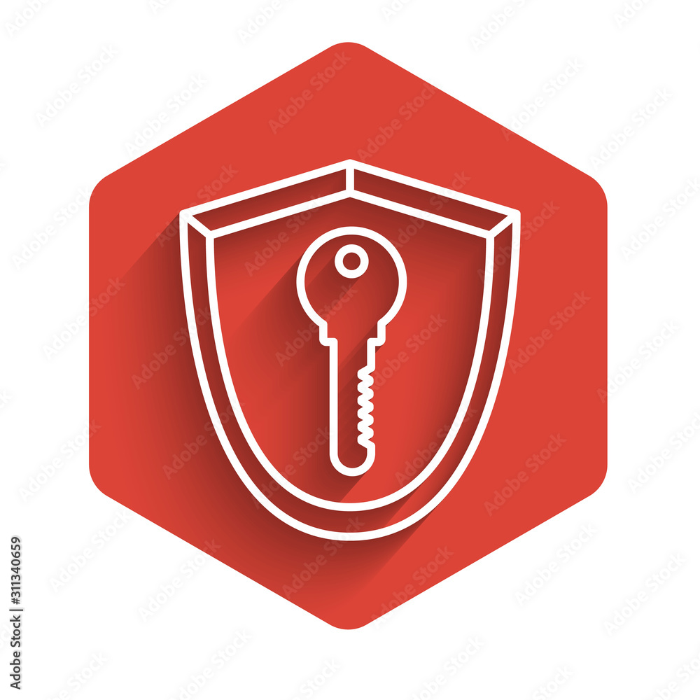 Poster white line shield with key icon isolated with long shadow. protection and security concept. safety b