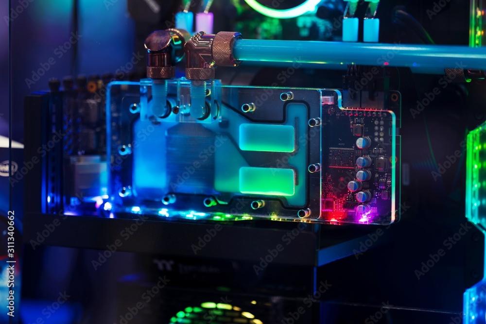 Poster close up of computer rgb gaming, illuminated by colored led