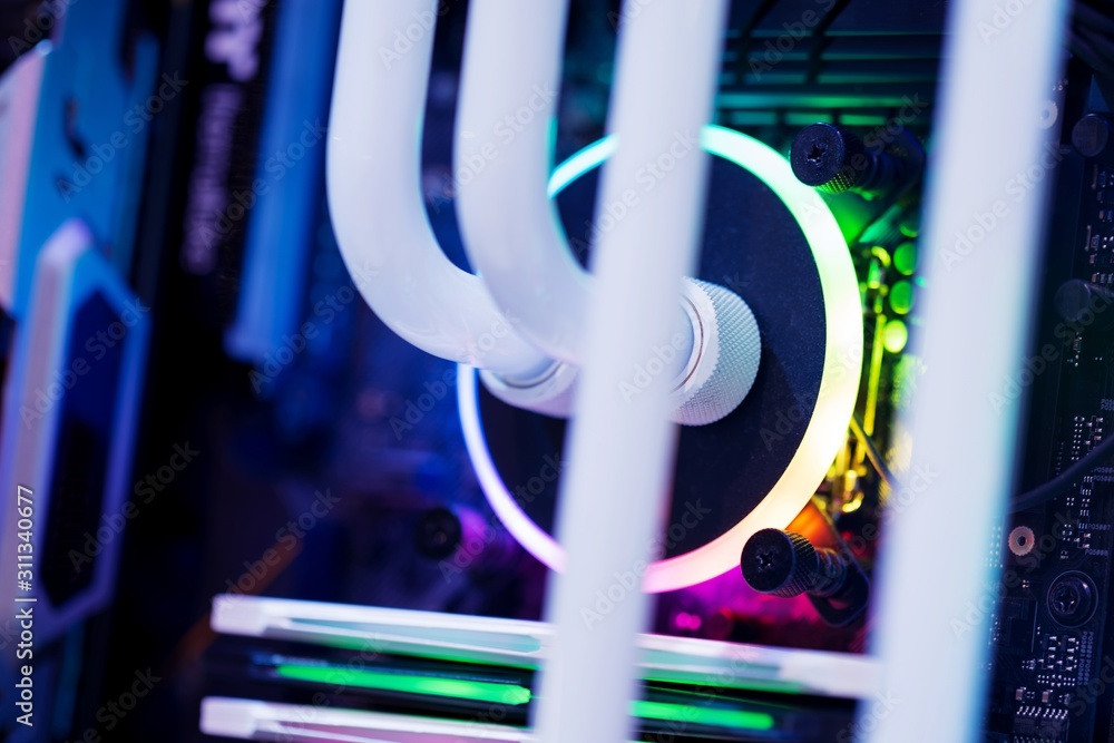 Poster close up of computer rgb gaming, illuminated by colored led