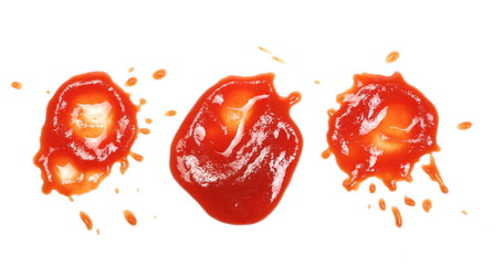 Set ketchup splashes, stains isolated on white background, tomato puree texture