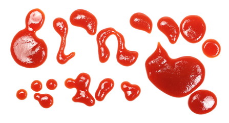 Set ketchup splashes, stains isolated on white background, tomato puree texture