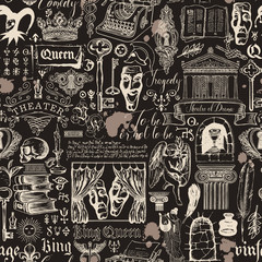 Vector seamless pattern on the theme of theater and drama with hand-drawn sketches and ink spots. Suitable for Wallpaper, wrapping paper, background or fabric with vintage artistic illustrations