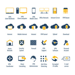 Obraz na płótnie Canvas Virtual Private Network vector icons set. 24 VPN editable vector icons for video, mobile apps, Web sites and print projects. 