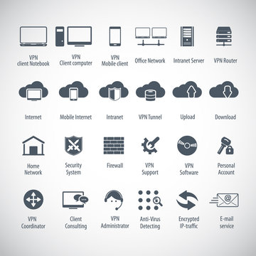Virtual Private Network vector icons set. 24 VPN editable vector icons for video, mobile apps, Web sites and print projects.	