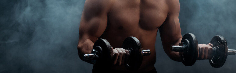 cropped view of sexy muscular bodybuilder with bare torso excising with dumbbells on black with smoke, panoramic shot