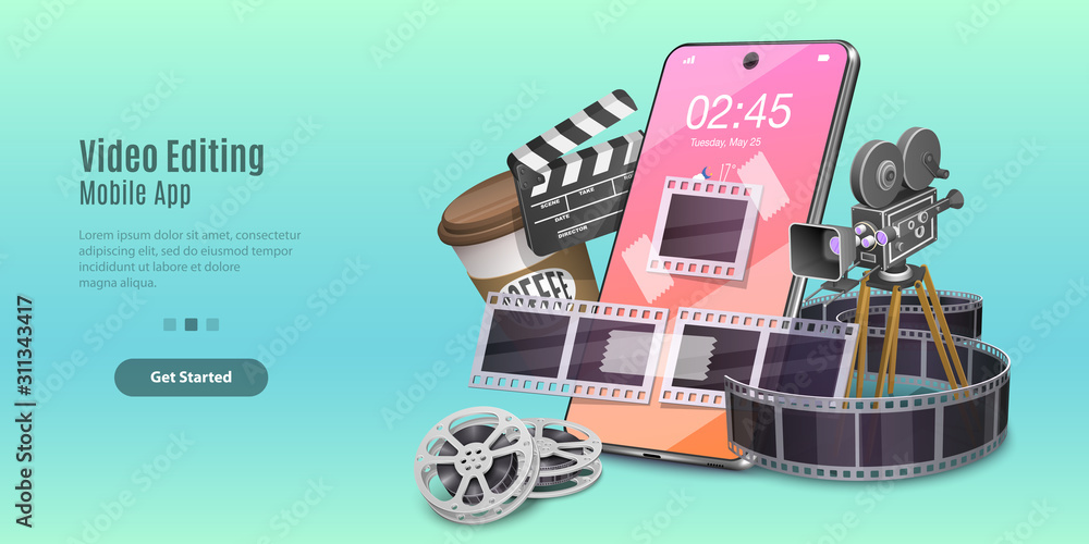 Poster concept of mobile video editing app, motion design studio software, multimedia production, video blo
