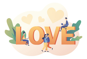 In love. Tiny people with big LOVE inscription. Loving couple hugging. Love relationships at a distance. Valentine day consept. Modern flat cartoon style. Vector illustration on white background	