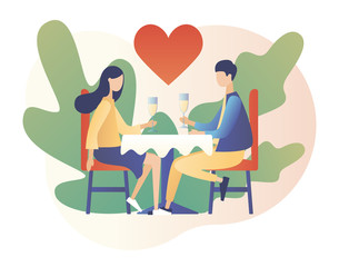 Loving couple spending time or relaxing together. Romantic dinner in restaurant. Romantic date concept. Characters Valentine day. Modern flat cartoon style. Vector illustration on white background	
