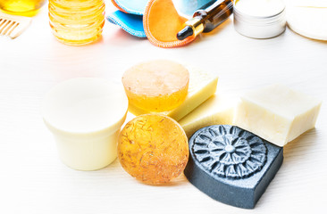 Body care products in recyling and reusing package. Zero waste concept