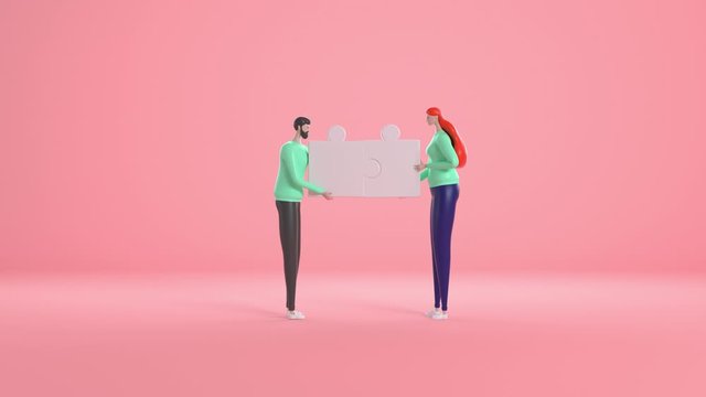 Teamwork concept with persons and puzzle elements. Team Metaphor. 3d rendering, video 4 on soft pink background.