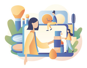 Makeup consept. Beauty blog, Make Up artist, Face Care and Beauty. Tiny people watches beauty blogger showing trend makeup tutorial. Modern flat cartoon style. Vector illustration on white background