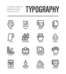 Typography, polygraphy thin line icons set. Printing, scanning, flexography, offset, roll paper, color palette, lamination, heat transfer printing, embossing. Vector illustration.