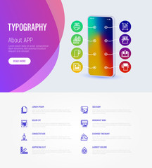 Typography, polygraphy infographics with thin line icons around smartphone and place for text. Printing, scanning, flexography, offset, lamination, heat transfer printing. Vector illustration.
