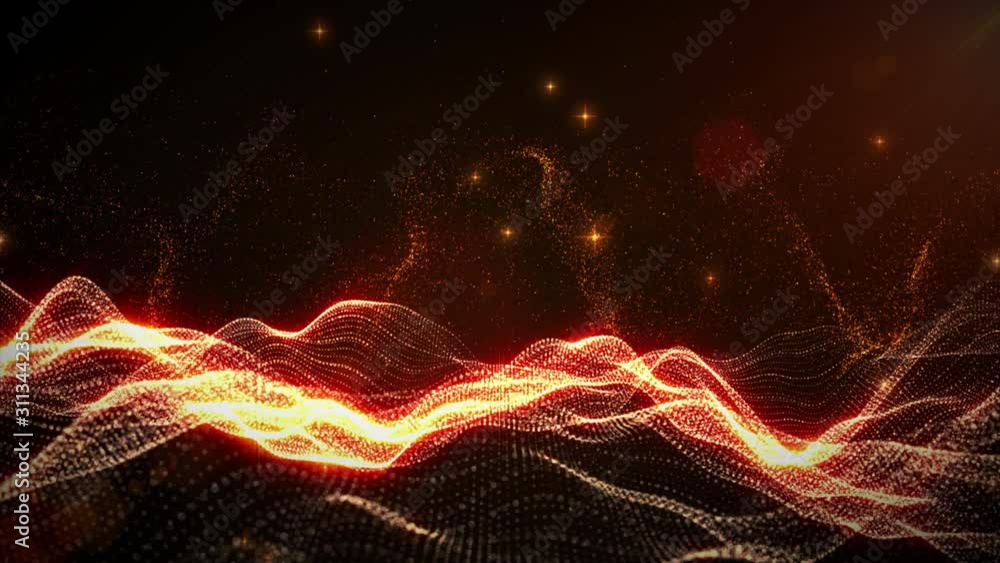Poster abstract gold color digital particles wave with bokeh and light background