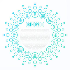 Orthopedic concept. Thin line icons in circle shape: flat foot, scoliosis, compression stockings, mattress, pillow, electric wheelchair, walking stick, bone fracture. Vector illustration.