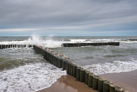 Baltic Sea on a cloudy and rainy day. Poland, Europe