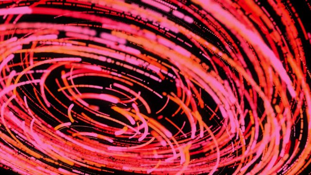 Spinning colorful symmetric funnel pink and red colored curved lines with 3D effect. Animation. Amazing blurred bright narrow stripes moving in a circle, seamless loop.