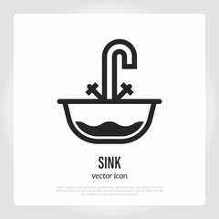 Sink thin line icon. Washbasin with faucet. Element of bathroom. Vector illustration.