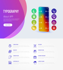 Typography, polygraphy infographics with thin line icons around smartphone and place for text. Printing, scanning, flexography, offset, roll paper, color palette, lamination. Vector illustration.