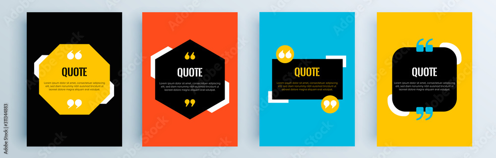 Poster quote frames blank templates set. text in brackets, citation empty speech bubbles, quote bubbles. te