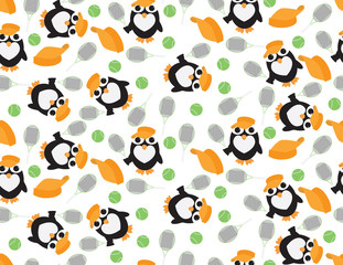 Penguin, Tennis Racket, Tennis Ball and Orange Visor Seamless Pattern