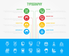Typography, polygraphy infographics with thin line icons in circle with place for text. Data visualization. Printing, scanning, flexography, offset, roll paper, color palette. Vector illustration.