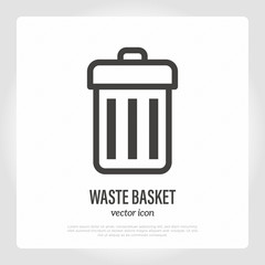 Waste basket thin line icon. Empty bin basic sign. Vector illustration.