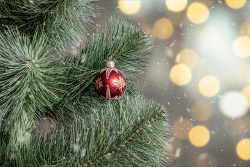 New Year .decoration on Christmas tree branch, snowy background with bokeh. New Year and Christmas holidays concept.