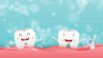 Cute cartoon tooth plays with floss and toothpaste.oral dental hygiene, children's dentistry concept. Vector Illustration
