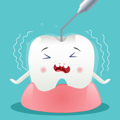 Cute cartoon with fill tooth character cleaning itself with dental floss, oral dental hygiene, children dentistry concept. Vector Illustration