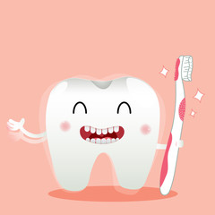 Cute cartoon happy tooth with toothpaste character cleaning itself with dental floss, oral dental hygiene, children dentistry concept. Vector Illustration
