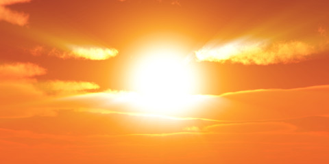 Naklejka premium Big sun sky at beautiful sunset, 3d illustration