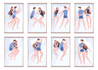 Couple sleep in different position together. Female and male character
