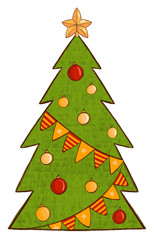 Christmas tree with baubles and garlands of felt-tip pen style. Christmas tree drawn in a children's style