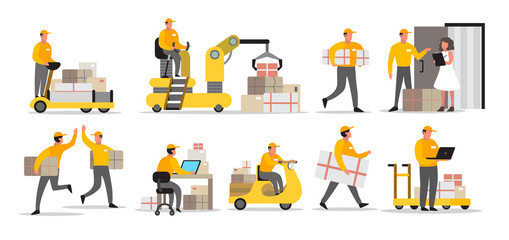 Set of delivery man. Collection of courier in uniform holding box.