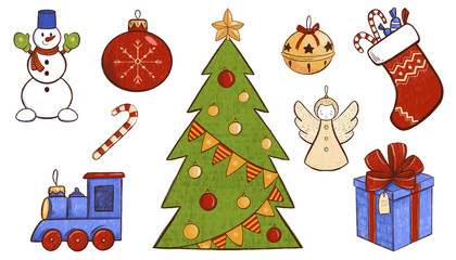 Christmas set. Snowman, gift, christmas tree, toys, bell, gift, staff with caramel, christmas sock,  angel, trane, baubles