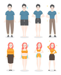 From fat to fit concept. Woman and man with obesity lose weight.