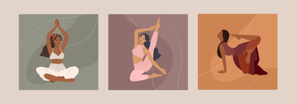 Feminine concept. Cute girl doing yoga poses. Lifestyle by young woman. Fashion illustration by femininity, beauty and mental health. Vector cartoon