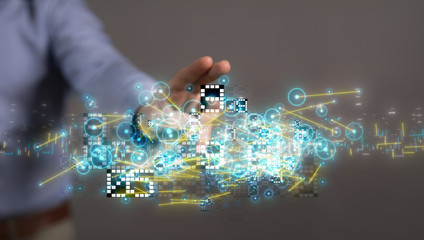 Businessman pressing document icon over computer binary code