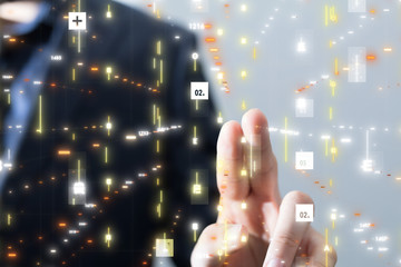 Businessman pressing document icon over computer binary code